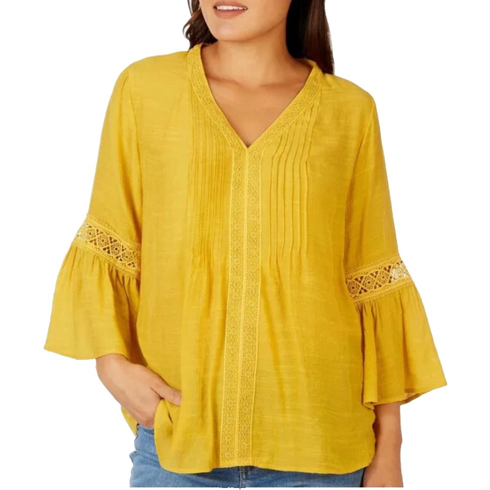 Counterparts Blouse Yellow Bell Sleeve Babydoll 3X Boho Crochet Trim